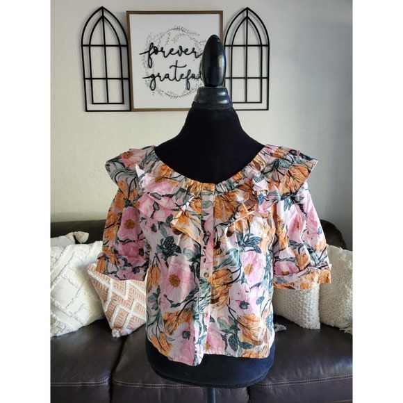 Anthropologie Ruffled Off-The-Shoulder Floral Boho Chic Blouse Women's Size S - Picture 5 of 12